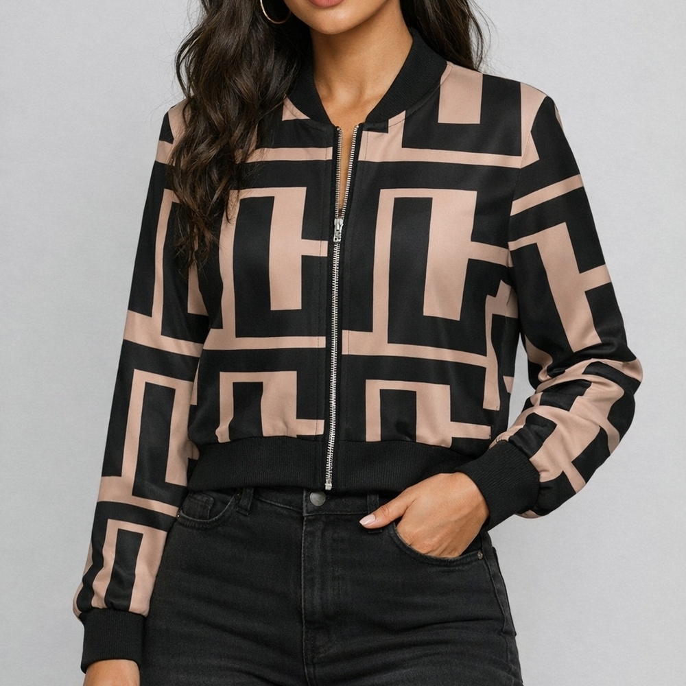 Geometric Black and Tan Zip Up Shirt